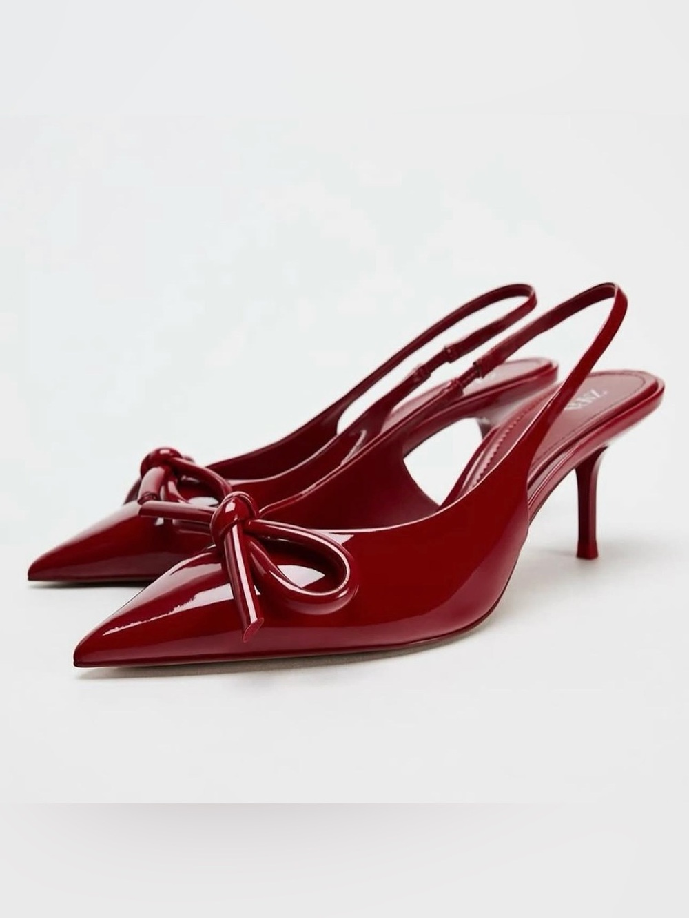 Zara Patent Leather Red Bow Sling Back Kitten Heel